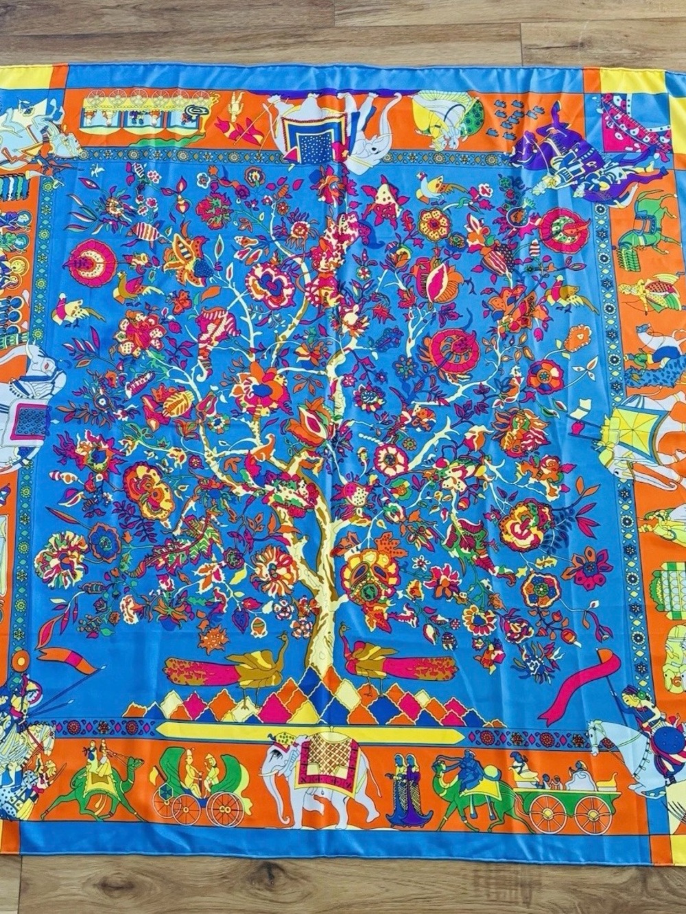 Vibrant Blue & Orange Floral Tree Silk Scarf Shawl Wrap 49” Square